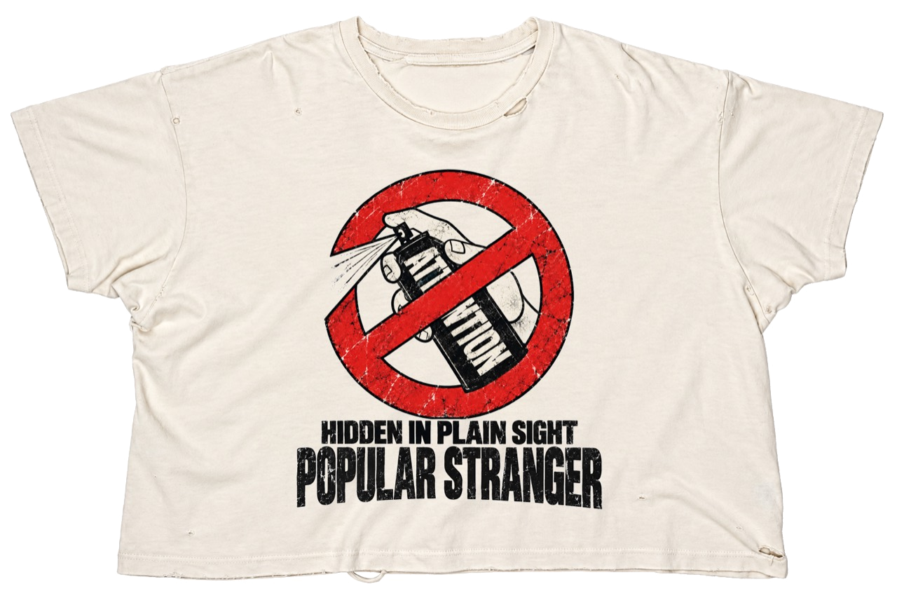White Hidden in Plain Sight Tee with red attention graphic