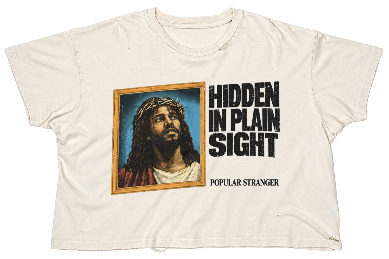 White Holy Tee with framed portrait and Hidden in Plain Sight lettering