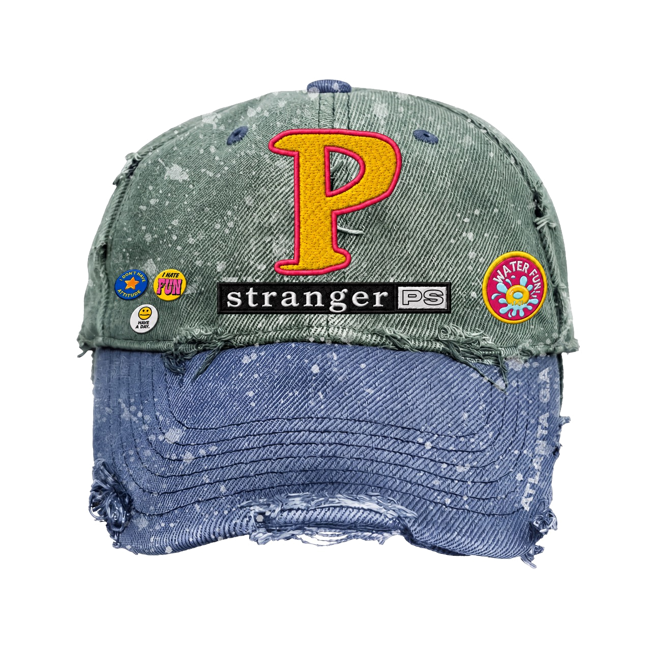 Green and blue P Stranger SnapBack with embroidered patches