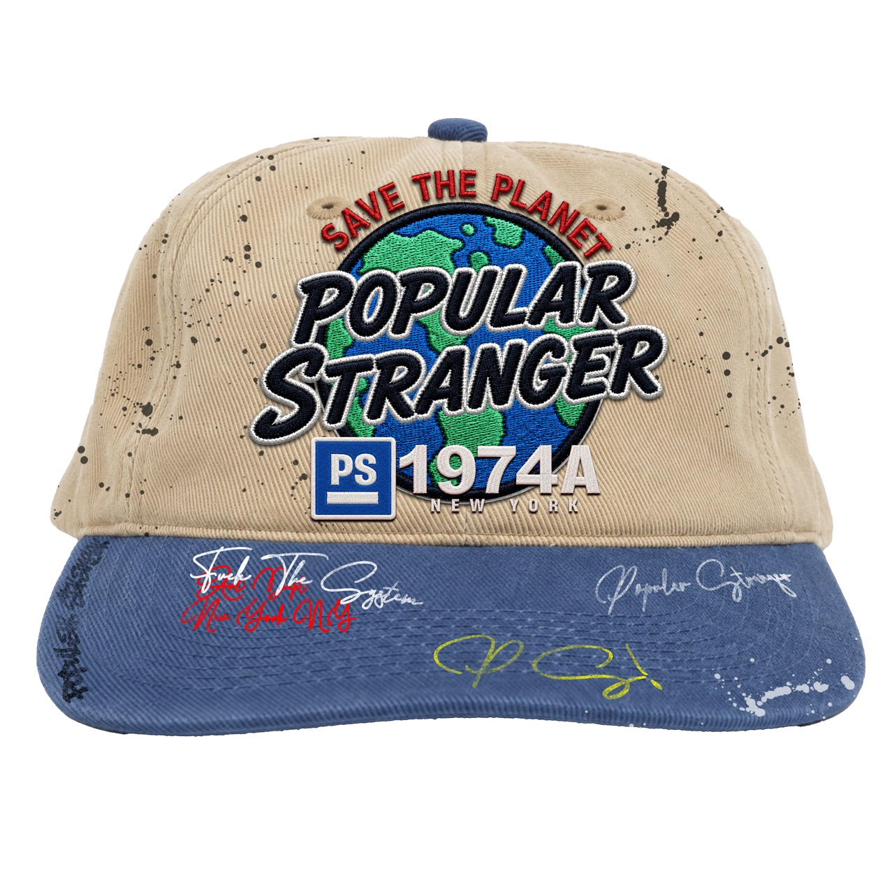 Tan and blue Save the Planet SnapBack with globe embroidery