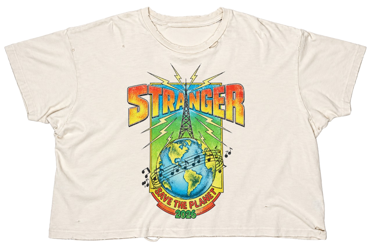 White Save the Planet Tee with globe and radio tower graphic