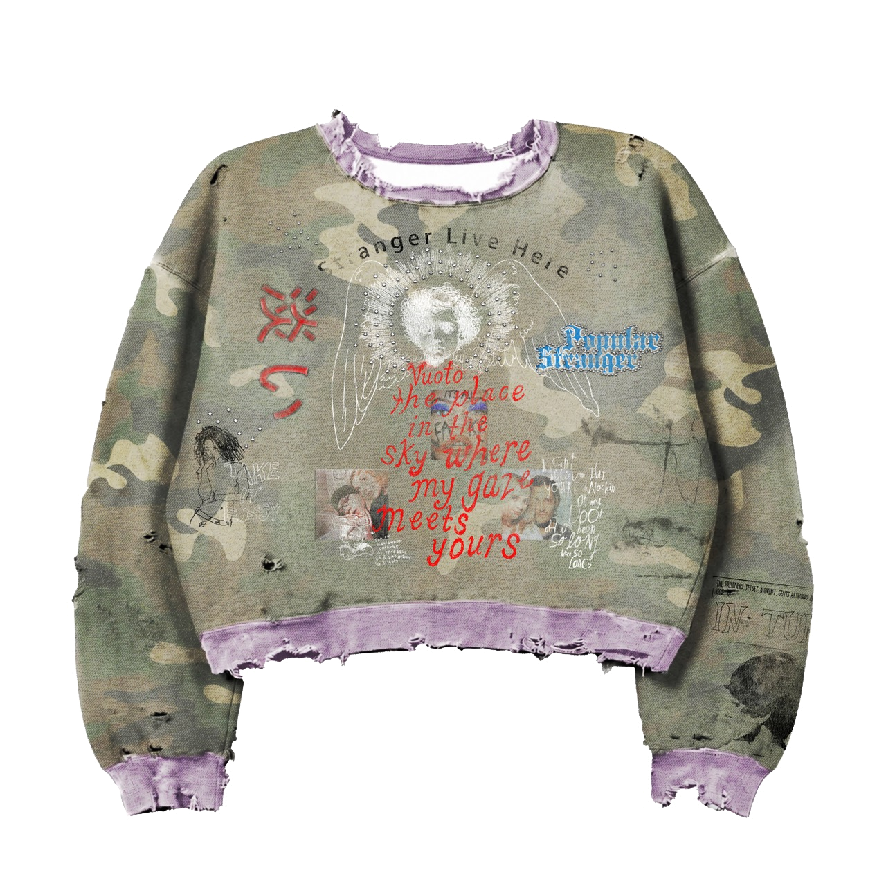 SLH Camo Crewneck with purple trim and distressed edges